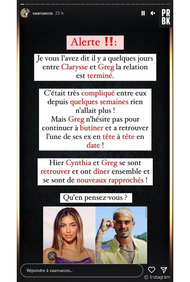 Greg en couple avec son ex Cynthia ? Des "preuves" fuitent sur le candidat du Cross (alias Les Marseillais VS Le Reste du Monde VS Les Motivés) et la candidate des Cinquante !