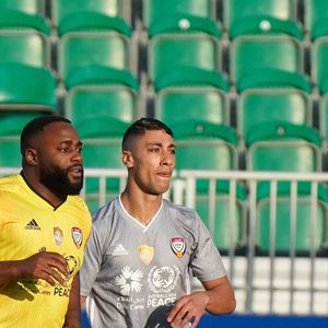 Gradur et Maes lors du tournoi de football "UAE All Stars" lors de l'expo universelle Expo Dubaï 2020, à Dubaï, Emirats Arabes Unis, le 8 janvier 2022. © Nicolas Briquet/Bestimage