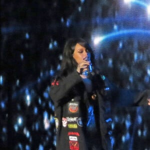 La chanteuse Rihanna et le rappeur Eminem en concert au Rose Bowl à Pasadena, le 7 août 2014, pendant leur Monster Tour.