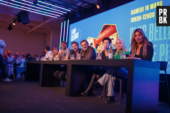 Jeremy Charvet, Cécilia Hornus, Laurent Kérusoré, Stéphane Henon, Jérôme Bertin, Marie Réache, Manon Chevallier et Lola Marois lors de la rencontre avec l’équipe de Plus Belle La Vie, Encore Plus Belle (TF1), modérée par le journaliste Alexandre du Serie Mania Festival international Lille 2024, à Lille, France, le 16 mars 2024. © Stéphane Vansteenkiste/Bestimage