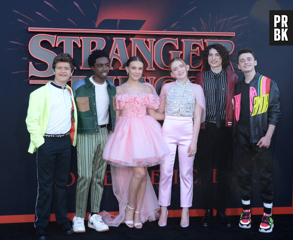 Gaten Matarazzo, Caleb McLaughlin, Millie Bobby Brown, Sadie Sink, Finn Wolfhard, Noah Schnapp à la première de la série Netflix "Stranger Things - Saison 3" à Los Angeles, le 28 juin 2019.