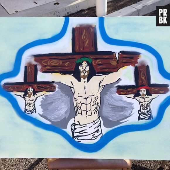 Une peinture de Chris Brown représentant Jésus sur la croix.