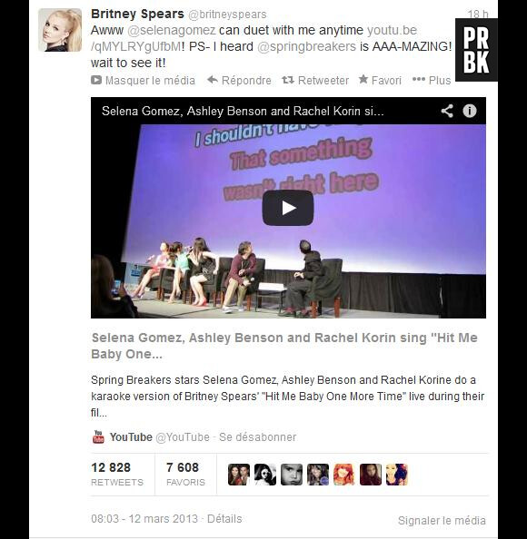 Britney Spears a posté sur Twitter qu'elle ne serait pas contre un duo avec Selena Gomez.