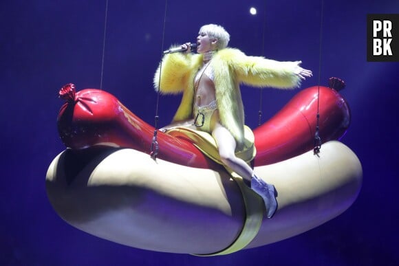 La photo la plus : "Miley Cyrus chevauchant une saucisse, le fantasme ultime de tous les obèses des Etats-Unis."