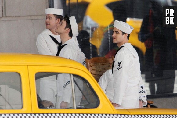Glee saison 5 : Sam, Blaine et Kurt sur le tournage à Los Angeles le 1er avril 2014