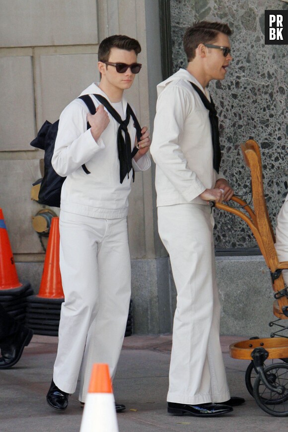 Glee saison 5 : Chord Overstreet et Chris Colfer sur le tournage à Los Angeles le 1er avril 2014