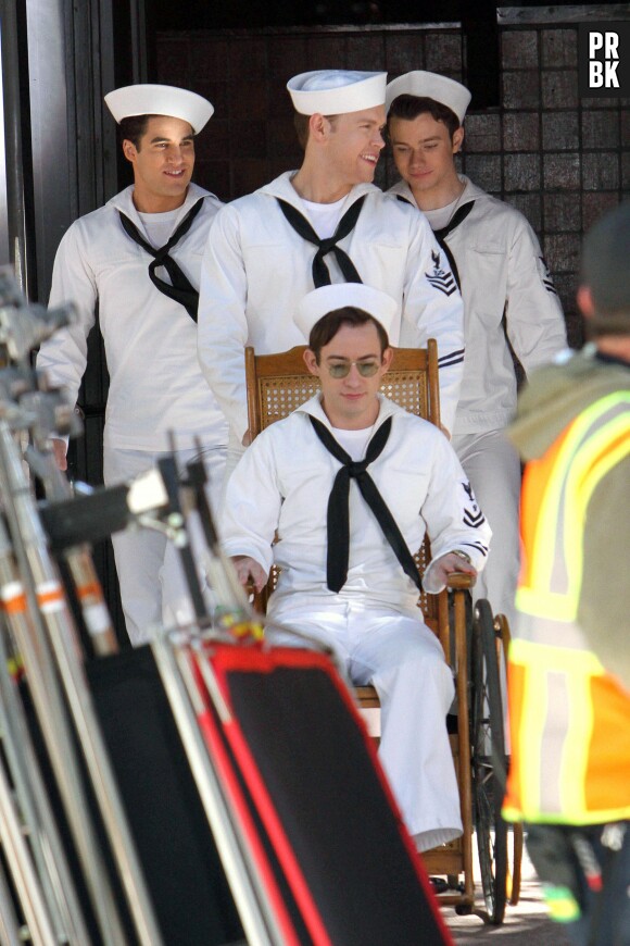 Glee saison 5 : Chris Colfer, Darren Criss, Chord Overstreet et Kevin McHale sur le tournage à Los Angeles le 1er avril 2014