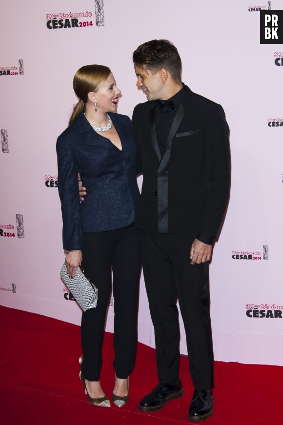 Scarlett Johansson et Romain Dauriac complices à la 39ème cérémonie des Césars, le 28 février 2014