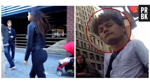 Une femme place une caméra cachée sur ses fesses et filme les réactions des hommes dans la rue.