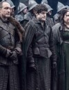 Game of Thrones saison 5 : Michael McElhatton ( Roose Bolton), Iwan Rheon (Ramsay Bolton) et Elizabeth Webster (Walda Frey) sur une photo