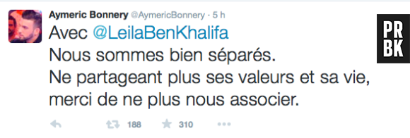 Aymeric Bonnery confirme sa rupture avec Leila Ben Khalifa, le 31 octobre 2015 sur Twitter