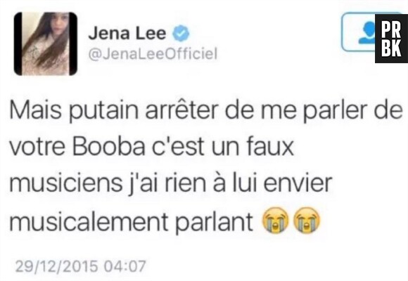 Jena Lee tacle Booba dans un tweet ensuite supprimé posté le 29 décembre 2015