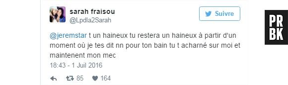 Sarah Fraisou (Les Anges 8) défend son chéri Malik et s'attaque à Jeremstar sur Twitter le 2 juillet 2016