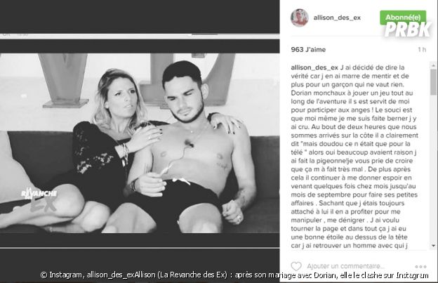Allison (La Revanche des Ex) : après son mariage avec Dorian, elle le clashe sur Instagram