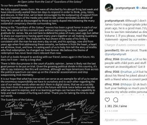 Les Gardiens de la galaxie : Chris Pratt et tout le casting signent une pétition pour le retour de James Gunn, Disney serait prêt à le réengager.