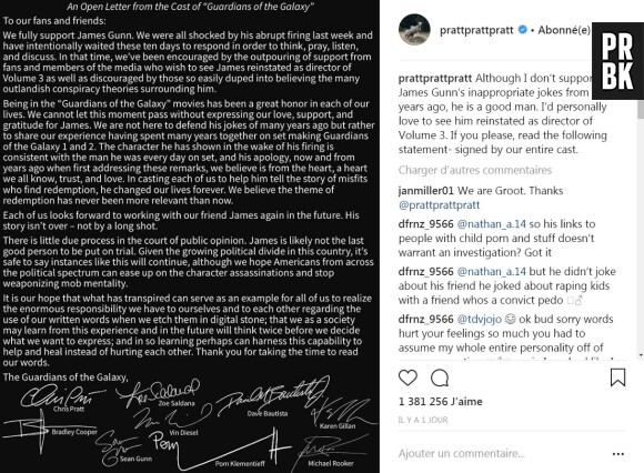 Les Gardiens de la galaxie : Chris Pratt et tout le casting signent une pétition pour le retour de James Gunn, Disney serait prêt à le réengager.