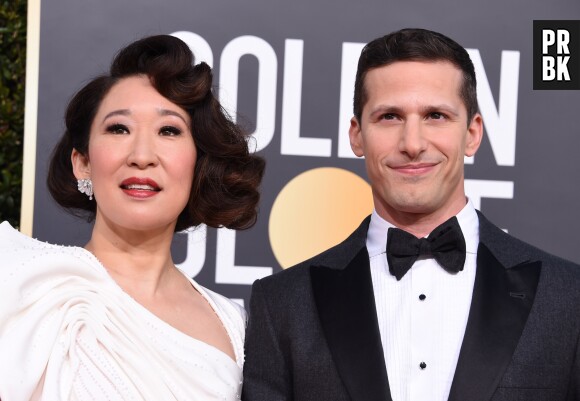 Sandra Oh et Andy Samberg sur le tapis rouge des Golden Globes le 6 janvier 2019