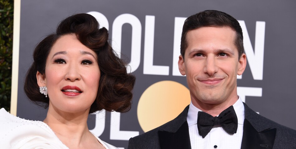 Sandra Oh et Andy Samberg sur le tapis rouge des Golden Globes le 6 janvier 2019
