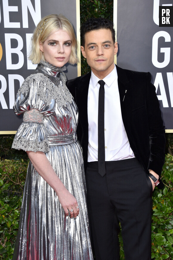 Lucy Boyton et Rami Malek sur le tapis rouge des Golden Globes 2020 le 5 janvier à Los Angeles