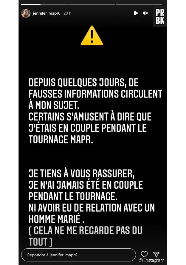 Mariés au premier regard 2022 : Jennifer dément avoir été en couple pendant le tournage en stories sur Instagram