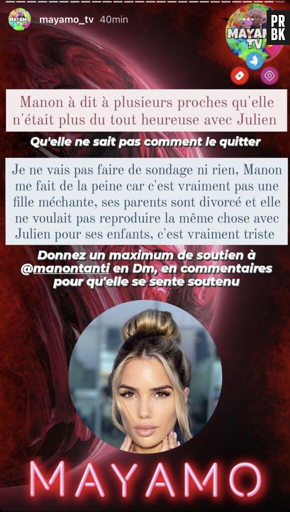 Mayamo TV assure que Manon Marsault voudrait quitter Julien Tanti.