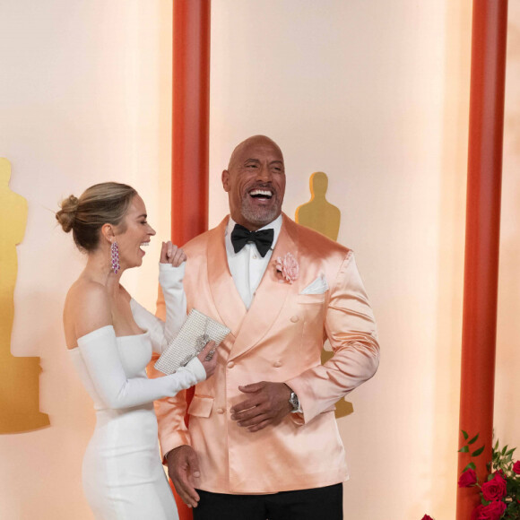 Emily Blunt, Dwayne Johnson au photocall de la 95ème édition de la cérémonie des Oscars à Los Angeles, le 12 mars 2023.  Celebrities attend the 95th Annual Academy Awards at the Dolby Theatre. Los Angeles, March 12th, 2023. 