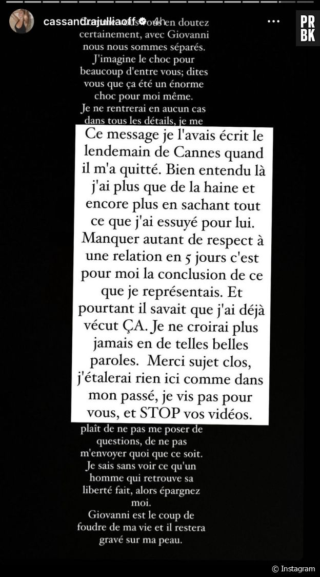 Cassandra annonce sa rupture avec Giovanni