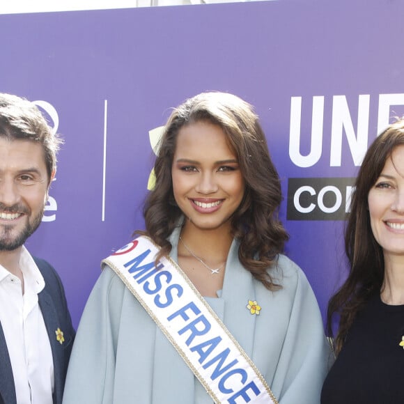 Semi-Exclusif - Christophe Beaugrand, Indira Ampiot, Miss France 2023, Mareva Galanter - Les célébrités participent au lancement de l'opération "Une jonquille contre le Cancer" sur la place du Panthéon à Paris, le 16 mars 2023. © Denis Guignebourg / Bestimage