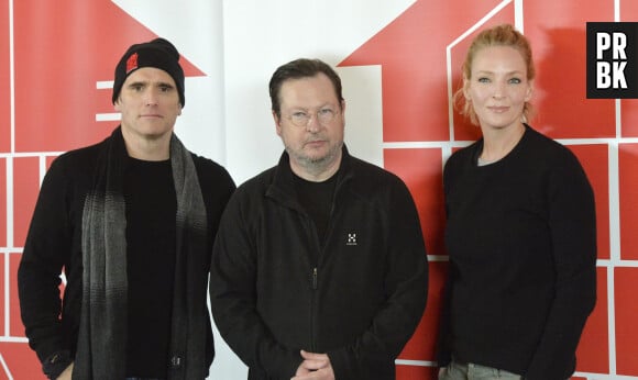 Lars von Trier, Uma Thurman et Matt Dillon en conférence de presse pour "The house that Jack built". Suède, Skåpafors, le 7 mars 2017. 