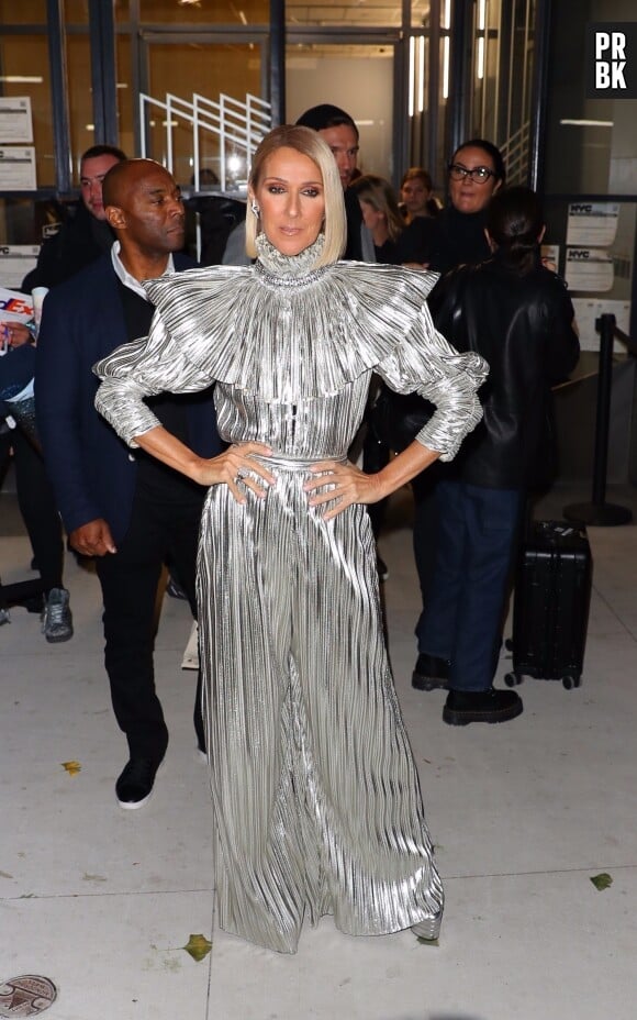 Celine Dion arbore une combinaison argentée de la marque Rodarte et des talons Gucci à la sortie de l'émission Watch What Happens Live à New York, le 14 novembre 2019