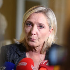 Marine Le Pen, présidente du groupe "Rassemblement national" à l'Assemblée, s'adresse aux journalistes dans la salle des quatre colonnes de l'Assemblée nationale à Paris, le 17 octobre 2023. © Lionel Urman / Panoramic / Bestimage