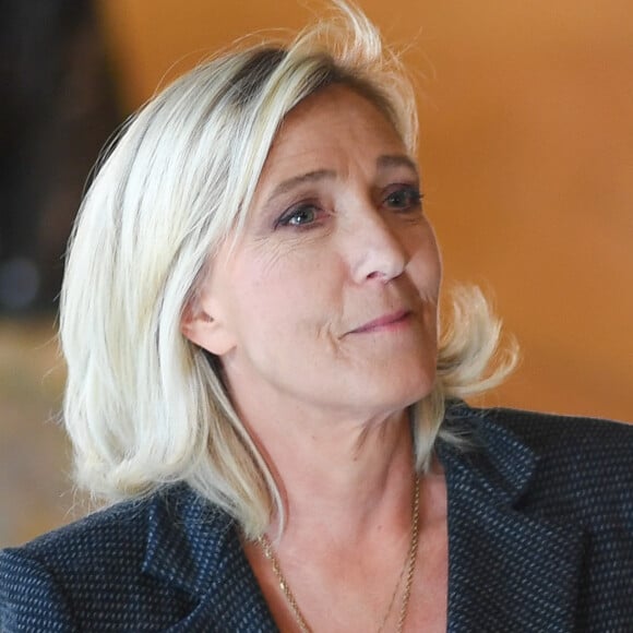 Marine Le Pen, présidente du groupe "Rassemblement national" à l'Assemblée, s'adresse aux journalistes dans la salle des quatre colonnes de l'Assemblée nationale à Paris, le 17 octobre 2023. © Lionel Urman / Panoramic / Bestimage