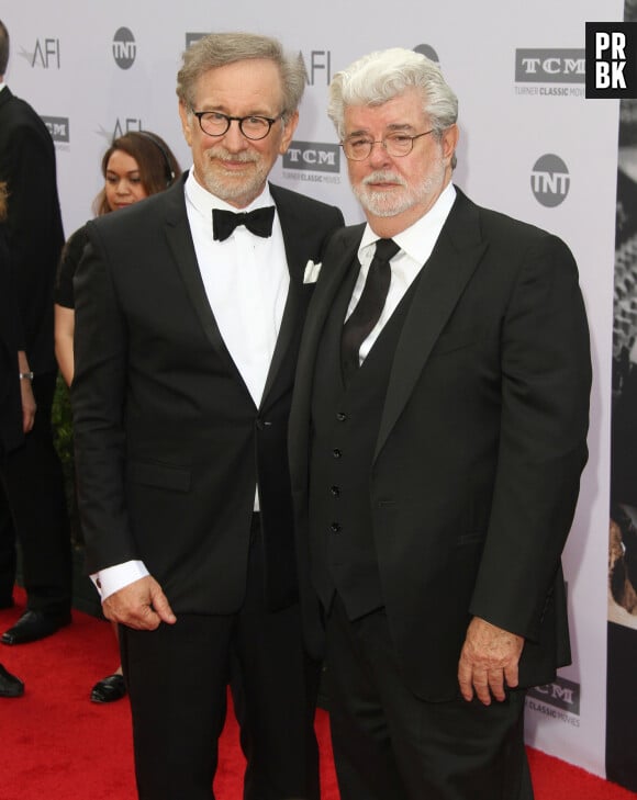 Steven Spielberg et George Lucas à la soirée 44th Life Achievement Award Gala en l'honneur de John Williams à Hollywood, le 9 juin 2016