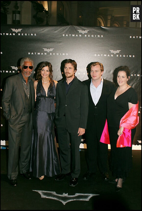 Morgan Freeman, Katie Holmes, Christian Bale te Christopher Nolan à la première du film Batman Begins, à Rome.