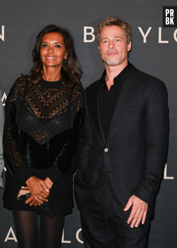 Brad Pitt et Karine Le Marchand à la première du film "Babylon" au cinéma Le Grand Rex à Paris, France, le 14 janvier 2023. © Coadic Guirec/Bestimage