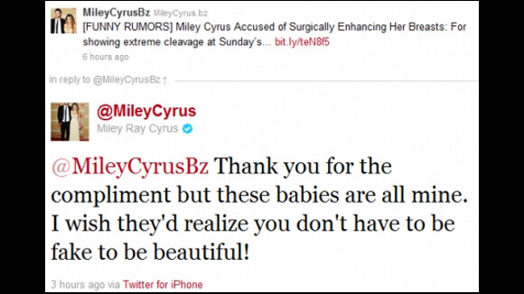 Miley Cyrus parle de ses seins : '' ses bébés à elle'' (PHOTO)