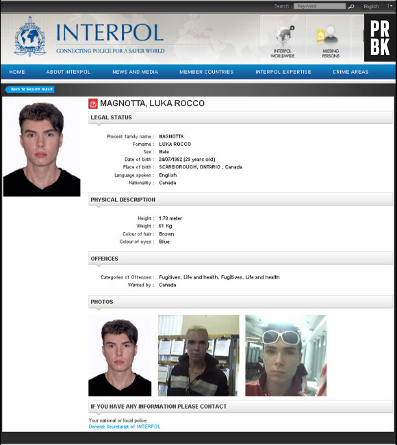 L'avis de recherche lancé par Interpol en mai dernier, peu de temps avant qu'il soit arrêté.