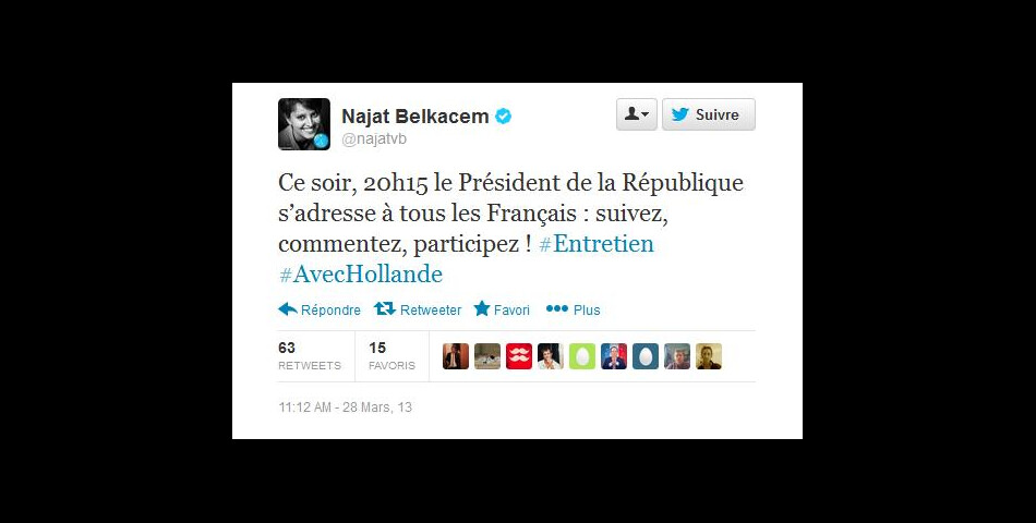 La ministre du Droit des femmes, Najat Belkacem soutient le Président sur Twitter