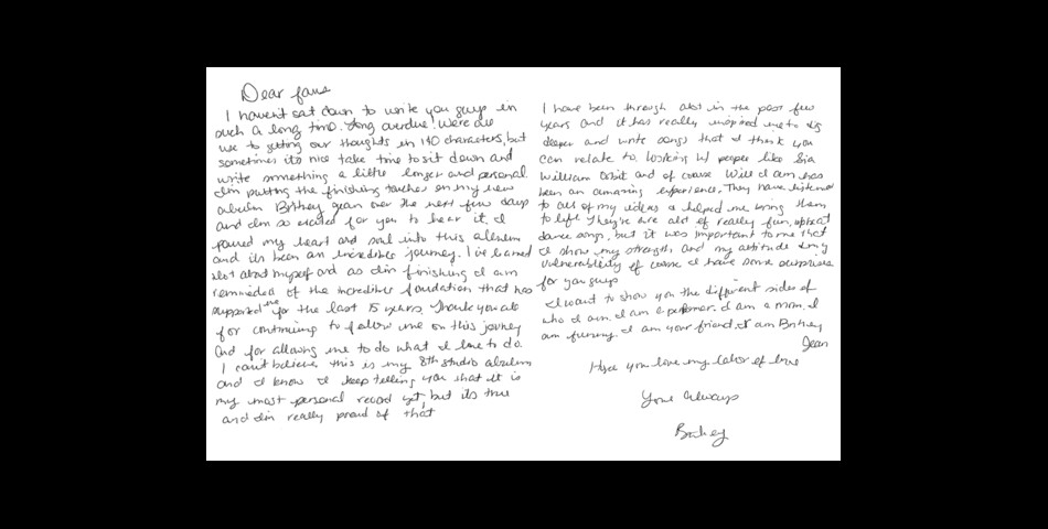 Britney Spears écrit à ses fans