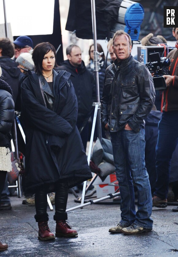 24 heures chrono saison 9 : Kiefer Sutherland et Mary Lynn Rajskub sur le tournage à Londres, le 22 janvier 2014