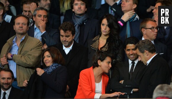 Anne Hidalgo, Najat Vallaud-Belkacem, Nasser Al-Khelaïfi et Nicolas Sarkozy au match PSG-Chelsea pour les quarts de finale aller de la Ligue des Champions, le 3 avril 2014 au Parc des Princes
