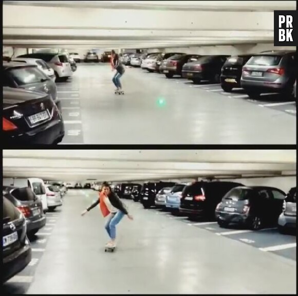 Laury Thilleman fait du skate dans un parking