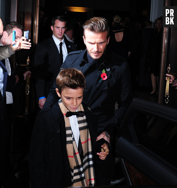 David Beckham et son fils Romeo à la soirée Burberry, le 3 novembre 2014 à Londres