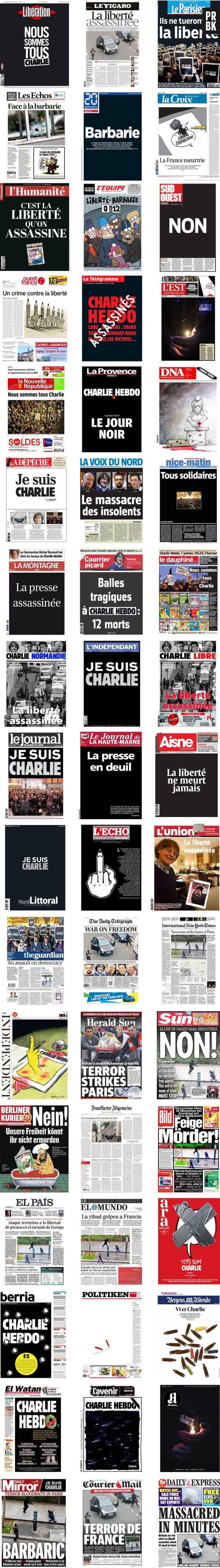 Charlie Hebdo : les Unes des quotidiens français et internationaux du 8 janvier 2015 rendent hommage aux journalistes et policiers tués dans l'attentat de Charlie Hebdo