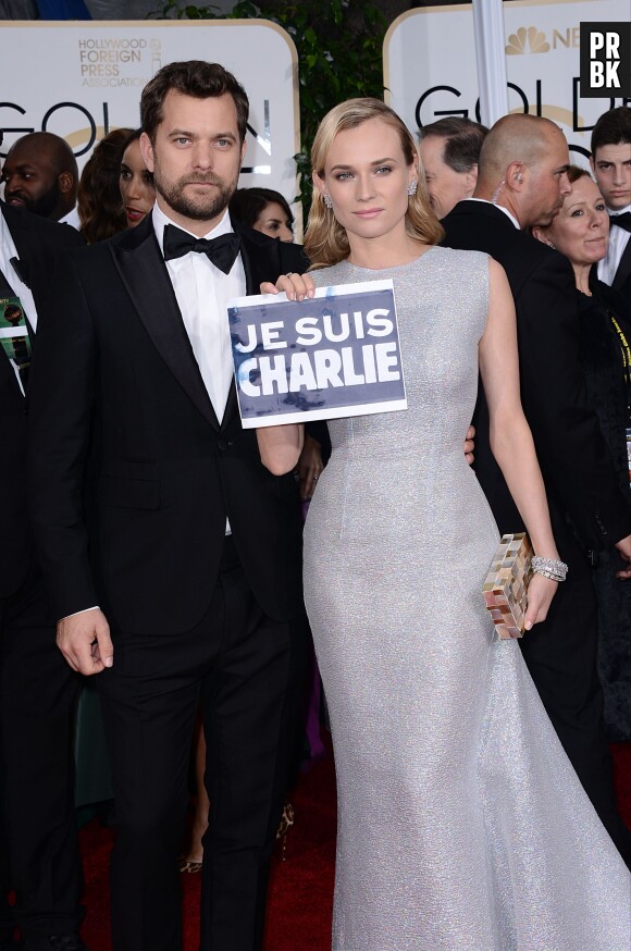 Diane Kruger et Joshua Jackson : Je suis Charlie sur le tapis rouge des Golden Globes 2015, le 11 janvier 2015 à Los Angeles