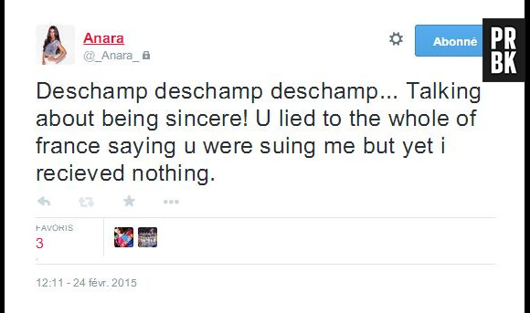 Anara Atanes s'en prend à Didier Deschamps sur Twitter, le 24 février 2015