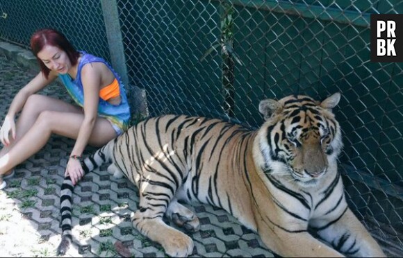 Gaëlle (Les Ch'tis) et une tigre pendant ses vacances en Thaïlande