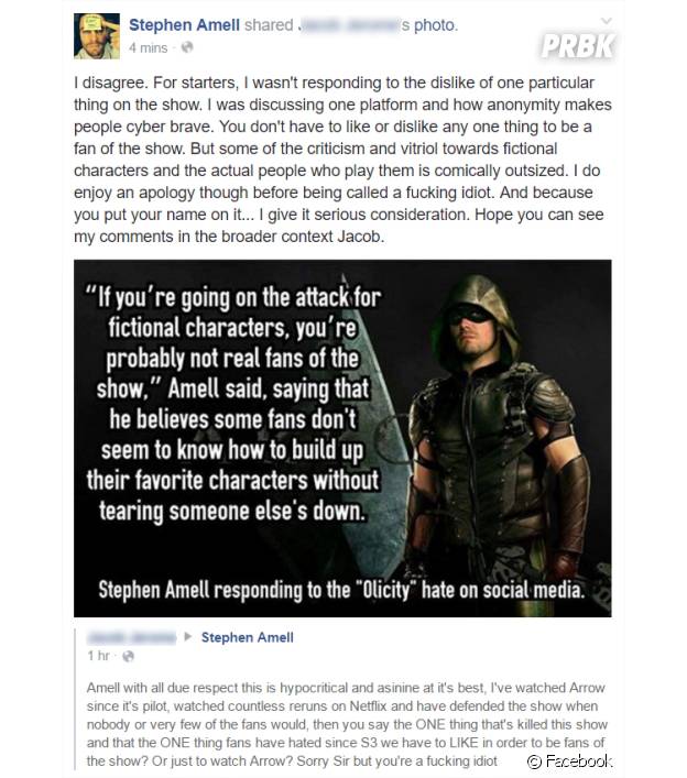 Stephen Amell (Arrow) répond aux insultes d'un fan sur Facebook
