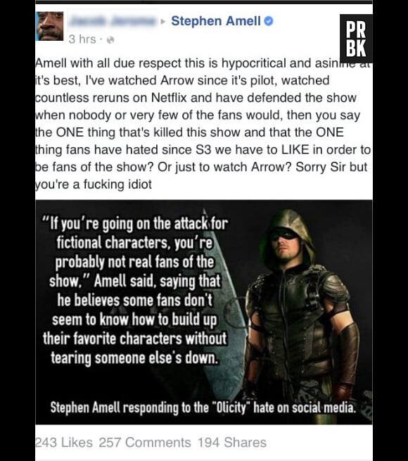 Stephen Amell (Arrow) répond aux insultes d'un fan sur Facebook