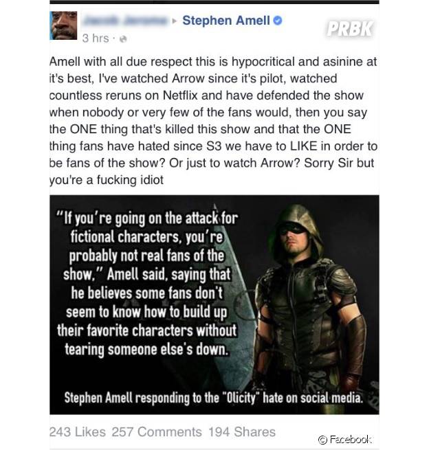 Stephen Amell (Arrow) répond aux insultes d'un fan sur Facebook
